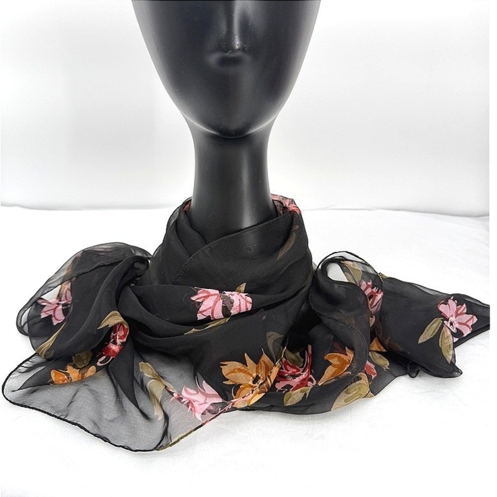 Elaine Neck Fashion Scarf Gold Collection XIIX LTD Black Floral Sheer Beaded VTG